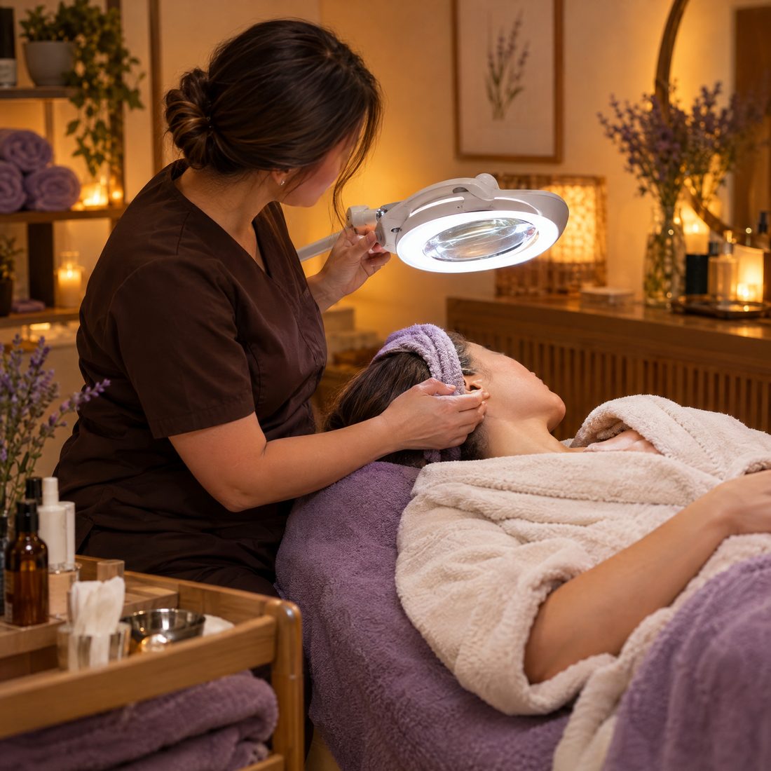 Esthetician consulting with a guest