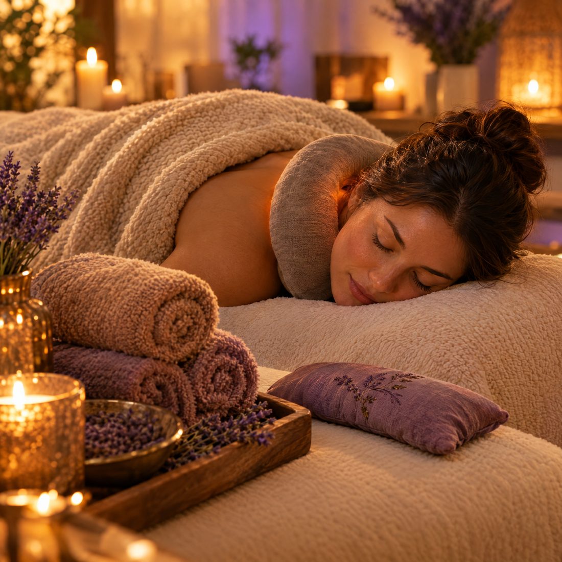 Warm towels and heated pillow on a spa bed